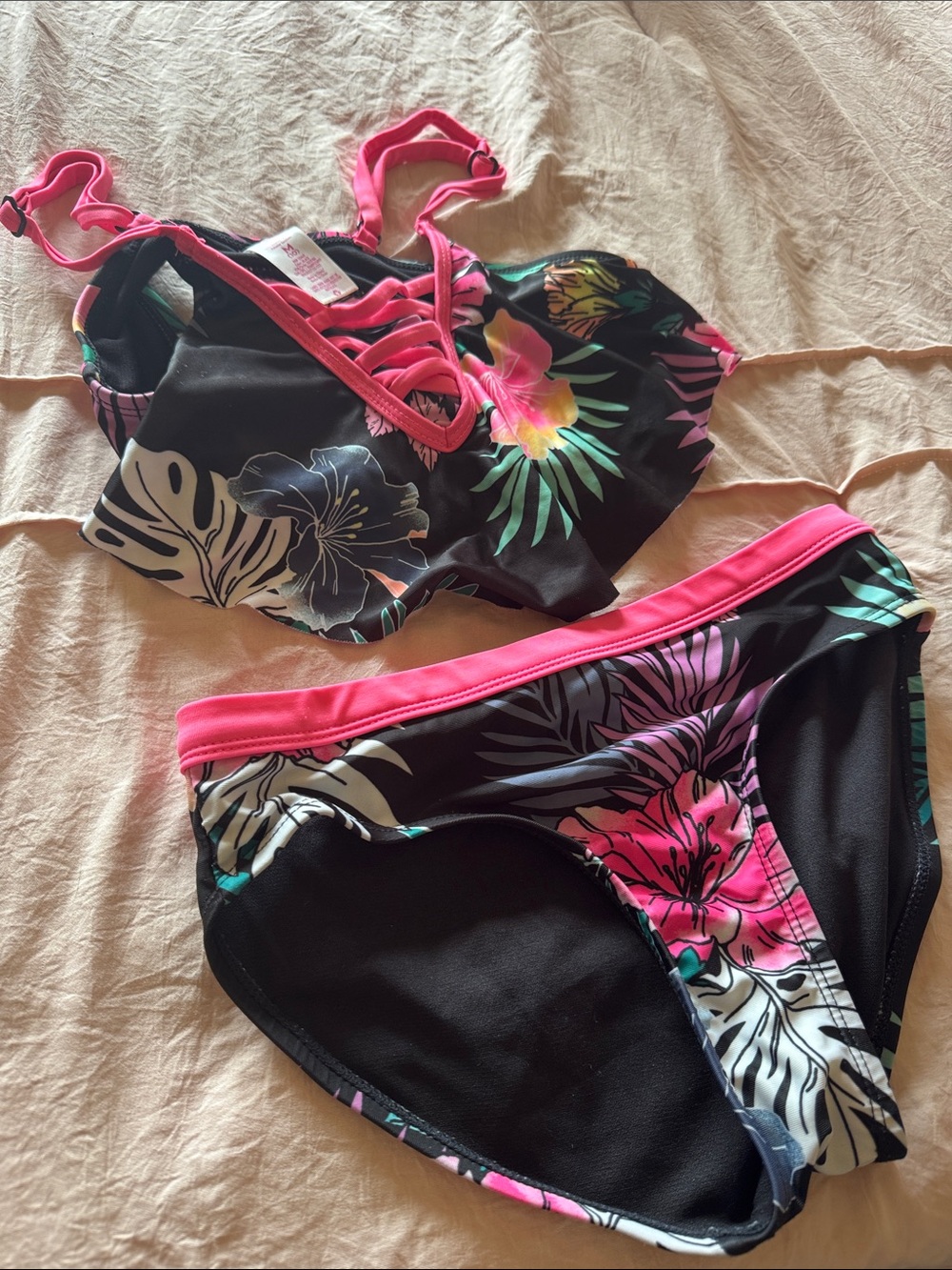Justice Black Floral Bikini with Hot Pink Trim